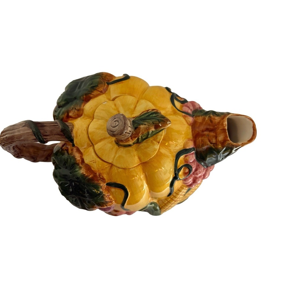 Vintage Ceramic Thanksgiving Banquet Teapot with Lid Grapes Leaves Corn Pumpkin - Picture 5 of 12